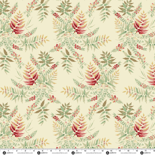 Decorative cotton fabric with fern, leaf, and red floral pattern on light background