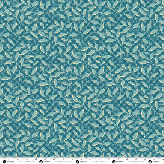 Blue quilting cotton fabric with repeating leaf-and-morning-glory pattern