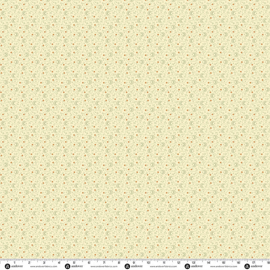 Cream quilting cotton fabric with small amber and purple floral medallion pattern