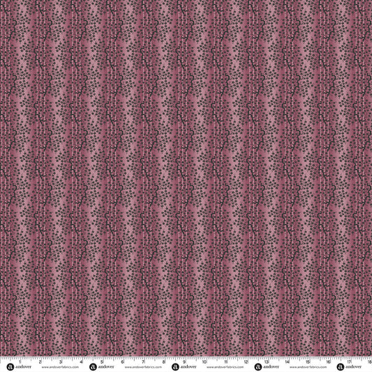 Pink fabric with small dark floral print, floral grid pattern
