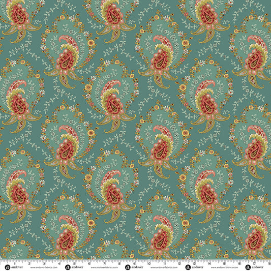 Teal paisley and floral fabric design with red-orange teardrop motifs