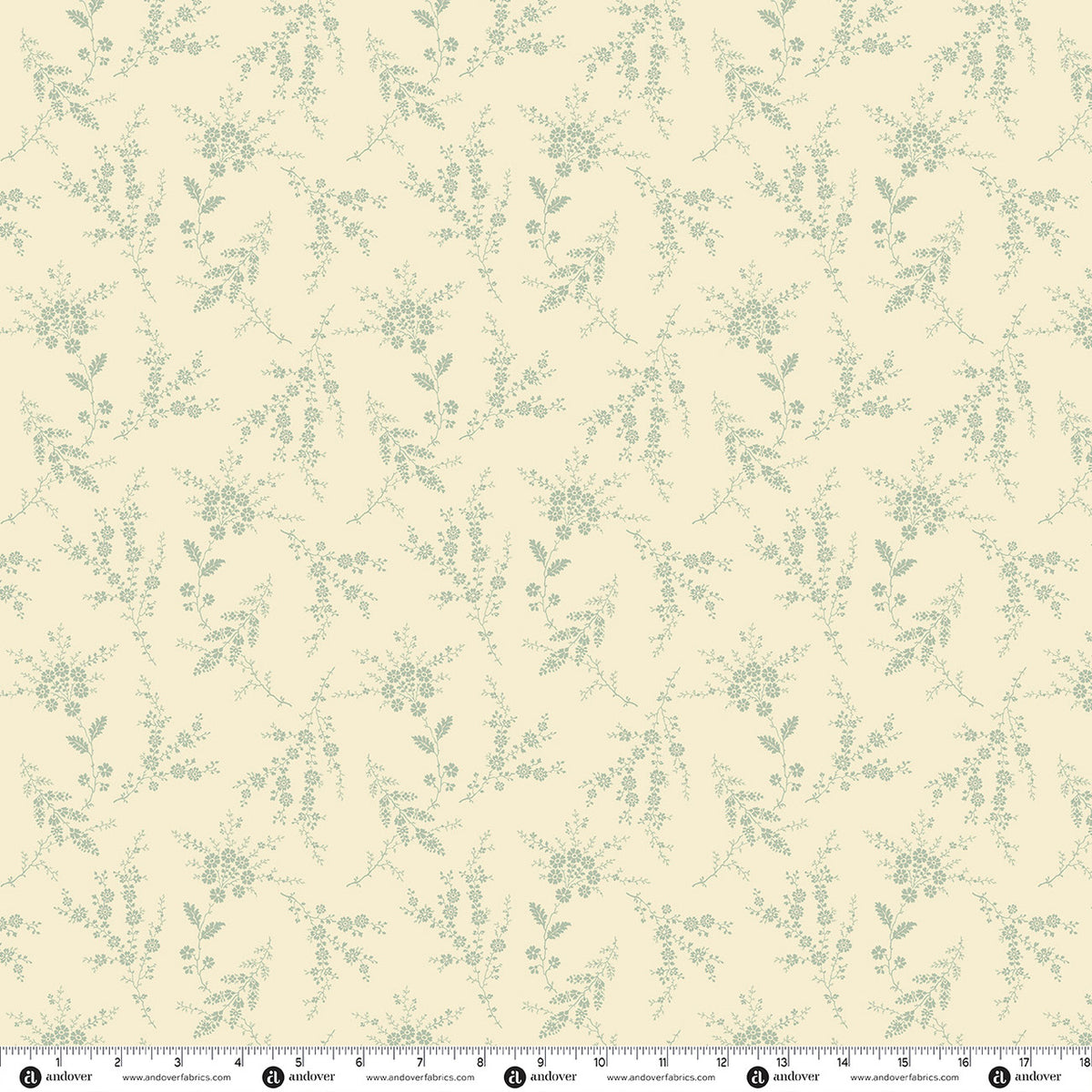 Cream quilting cotton fabric with small blue floral sprig pattern print