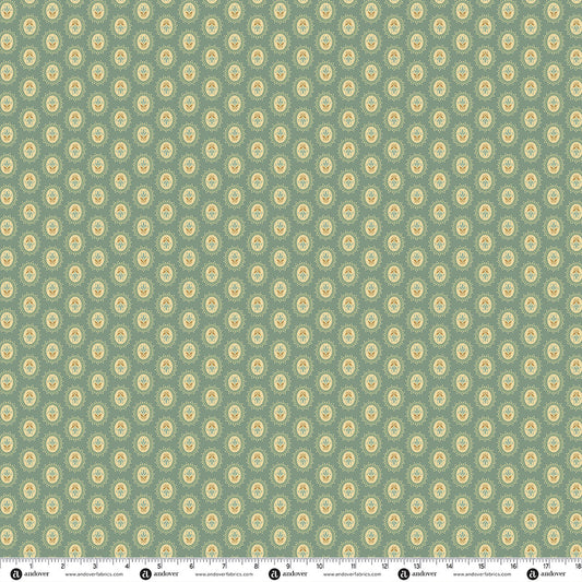 Blue medallion patterned fabric with small paisley motifs, Spanish moss green base
