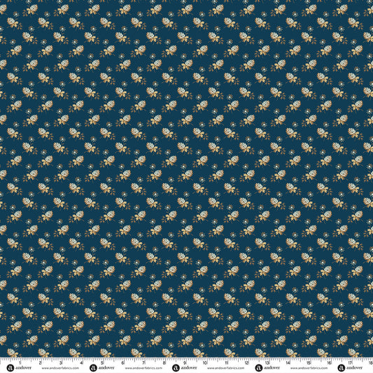 Blue clover floral fabric with small white and yellow blossoms, yardage view