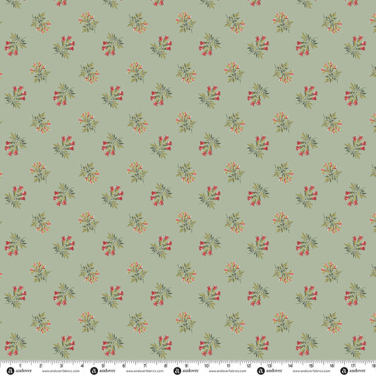Floral quilting fabric with small red and yellow blossoms on sage green background