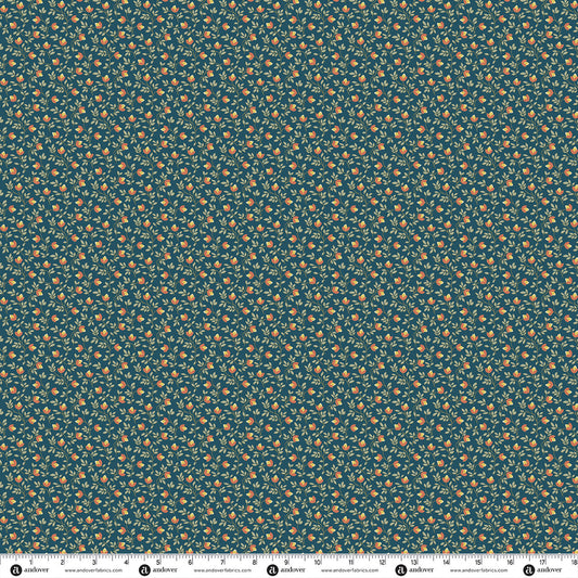 Blue floral bud-vine patterned quilting cotton fabric with small repeating motif
