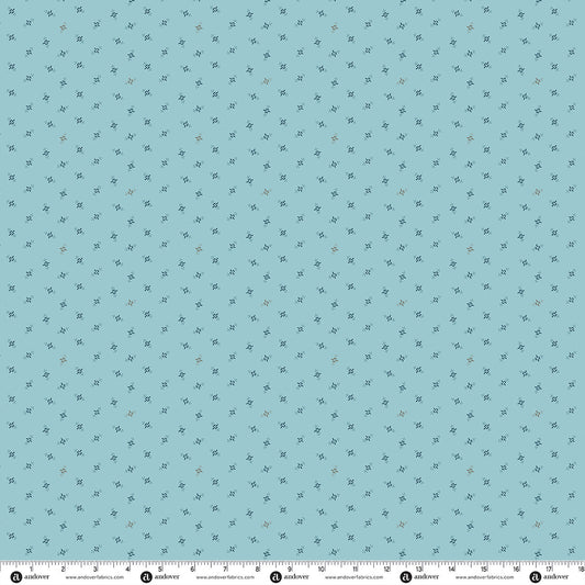 Light blue cotton fabric with tiny dark repeating heart pattern
