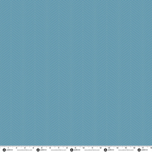 Blue willow herringbone fabric swatch with small repeating chevron pattern