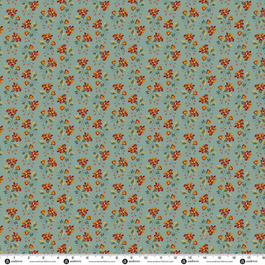 Seafoam blue wildflower cotton fabric with small orange and yellow flowers
