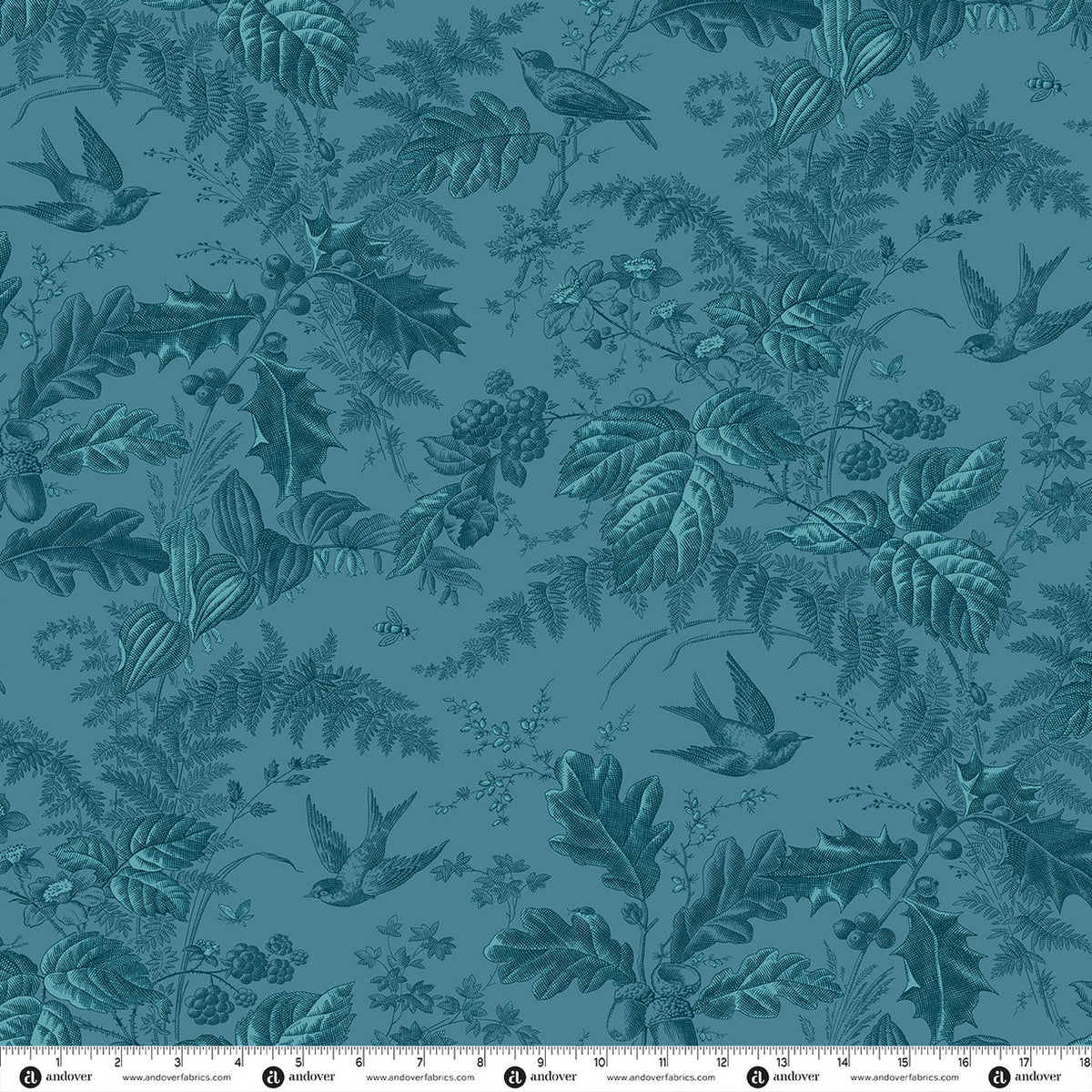 Teal botanical fabric with leaves and birds pattern