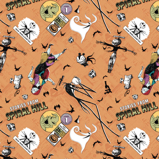 Licensed Disney Tim Burton's The Nightmare Before Christmas Creepy Comics Character Toss Orange 85390803-02 Cotton Woven Fabric from Camelot Fabrics