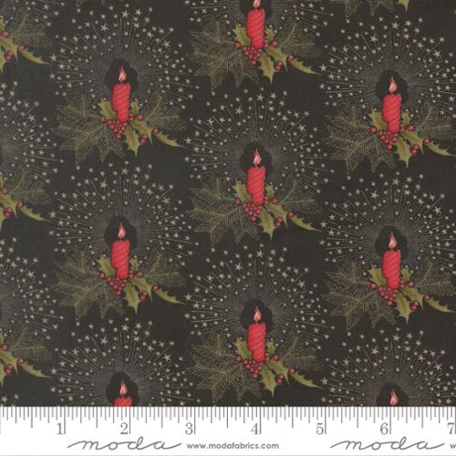 Christmas fabric with red candles, green leaves, and starry accents on dark background