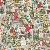 Multi-color Christmas collage fabric with houses, trees, ornaments, and candles