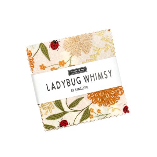 Ladybug Whimsy mini charm pack of floral and ladybug fabric squares, wrapped with a paper label