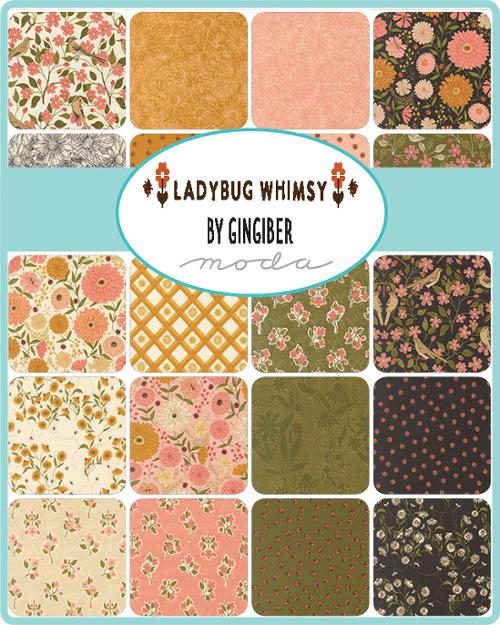 Ladybug Whimsy fabric print sampler with floral, foliage, and geometric patterns