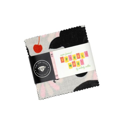 Mini charm fabric squares pack with assorted prints, including cherries, flowers, dots, and black shapes.