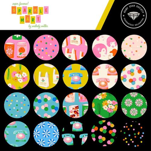 Sparkle Mart charm pack with 42 colorful 5-inch fabric squares in assorted prints