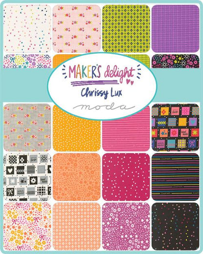 Moda Fabrics charm pack of 5-inch squares in colorful floral, geometric, stripe and dot prints