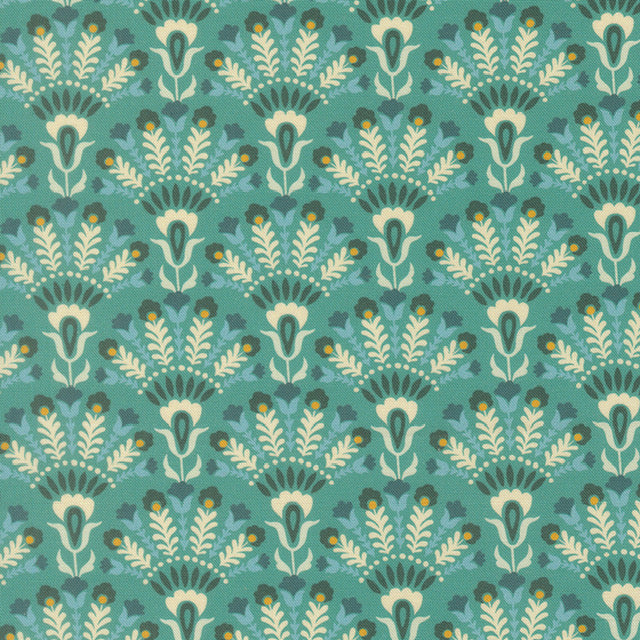 Teal blue fabric with opaline floral and leaf pattern, repeating botanical motifs