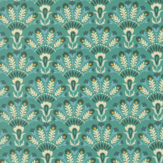 Teal blue fabric with opaline floral and leaf pattern, repeating botanical motifs