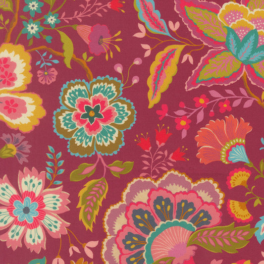 Floral fabric swatch with multicolor flowers on wine red background