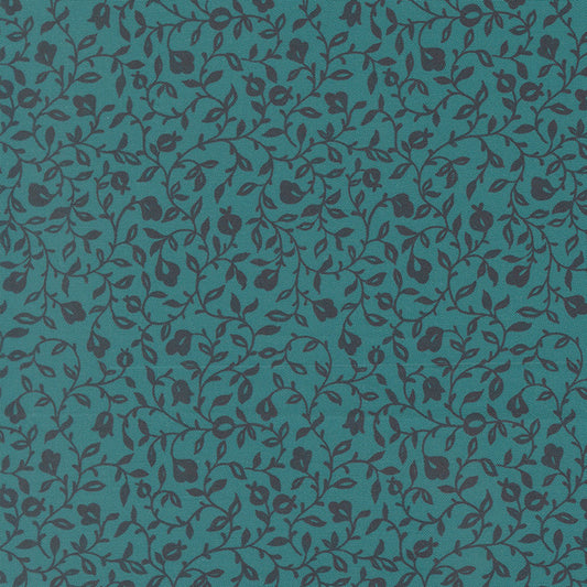 Floral vine patterned fabric in lagoon blue, repeating small leaves and blossoms