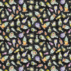 Black fabric with repeating potion bottle and label print