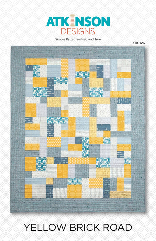 Yellow Brick Road quilt block pattern with blue and yellow patchwork squares