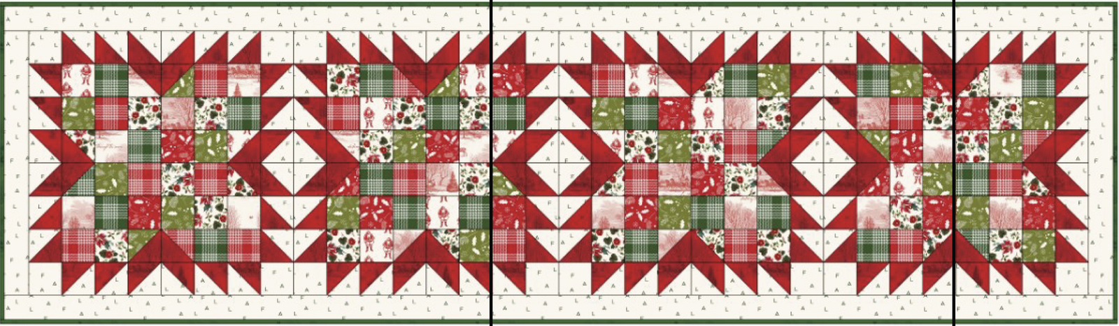 Holiday table runner with red, green, and cream patchwork grid and quilt blocks
