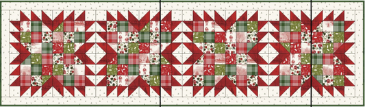 Holiday table runner with red, green, and cream patchwork grid and quilt blocks