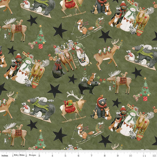 Green holiday character print cotton fabric with reindeer, mice, and nutcrackers