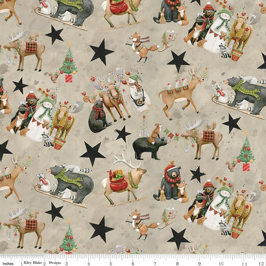 Neutral Christmas fabric with penguins, reindeer, deer, stars, and holiday trees