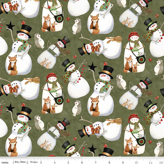 Northern Christmas snowmen print cotton fabric, green background with white snowmen and ornaments