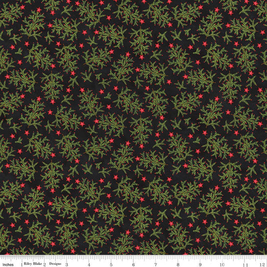 Cotton quilting fabric, black with green whimsical trees and small red stars