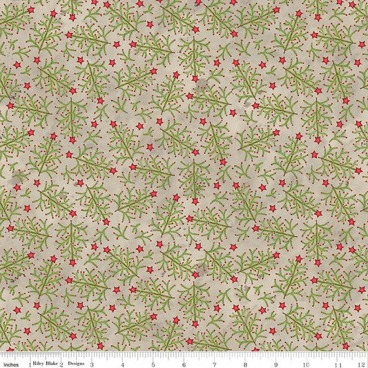 Neutral cotton fabric with red star and green whimsical tree branch pattern