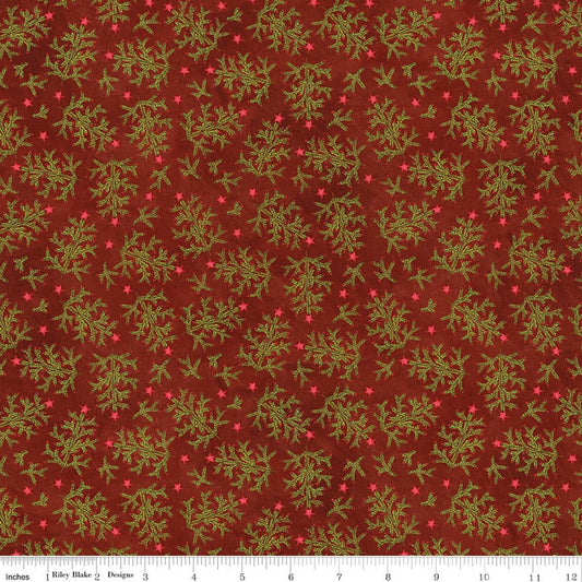 Red Christmas quilting fabric with small green whimsical tree branches pattern