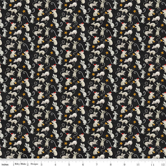 Black cotton quilting fabric with repeating small white mice and red details