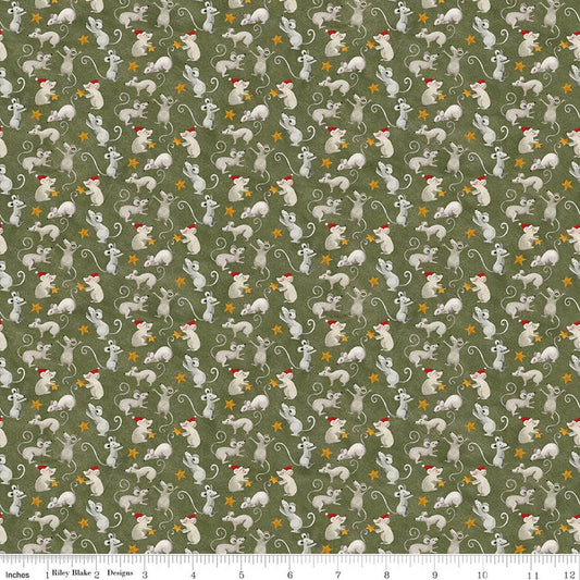 Green fabric with repeating mouse and star motifs in white, red, and yellow