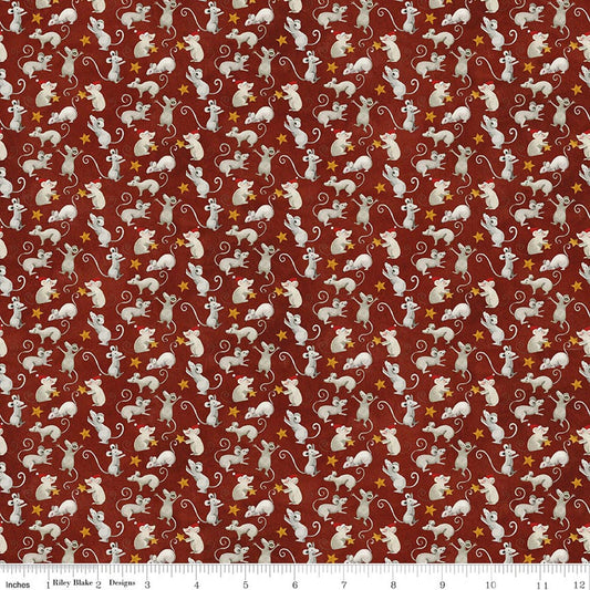 Red cotton quilting fabric with repeating mice and small bows pattern