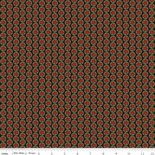 Black quilting cotton with repeating red star and holiday stripe motif