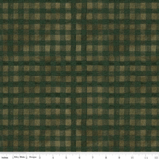 Green buffalo check cotton fabric with small plaid grid pattern