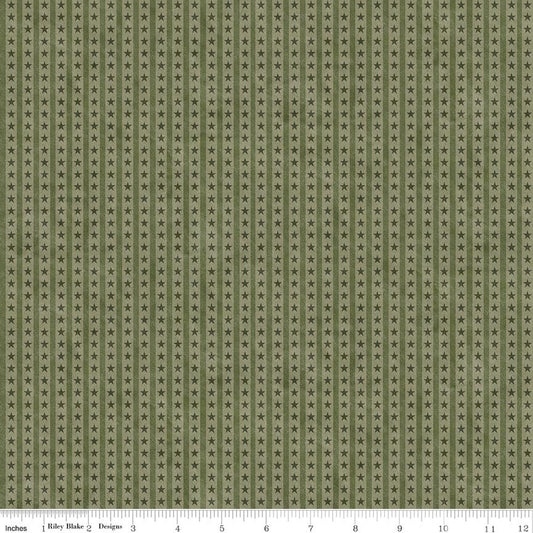 Green cotton fabric with repeating small star pattern and striped accents