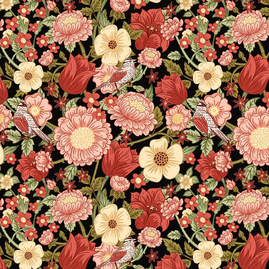 Black floral fabric with red and pink flowers and small bird prints