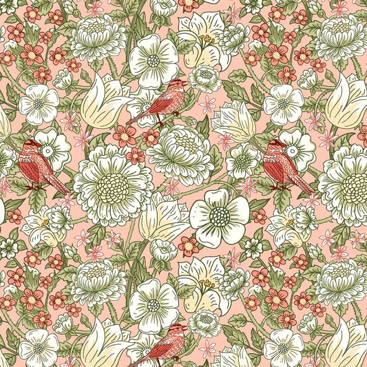 Floral quilting fabric with blush pink background, white and coral flowers, and bird motifs