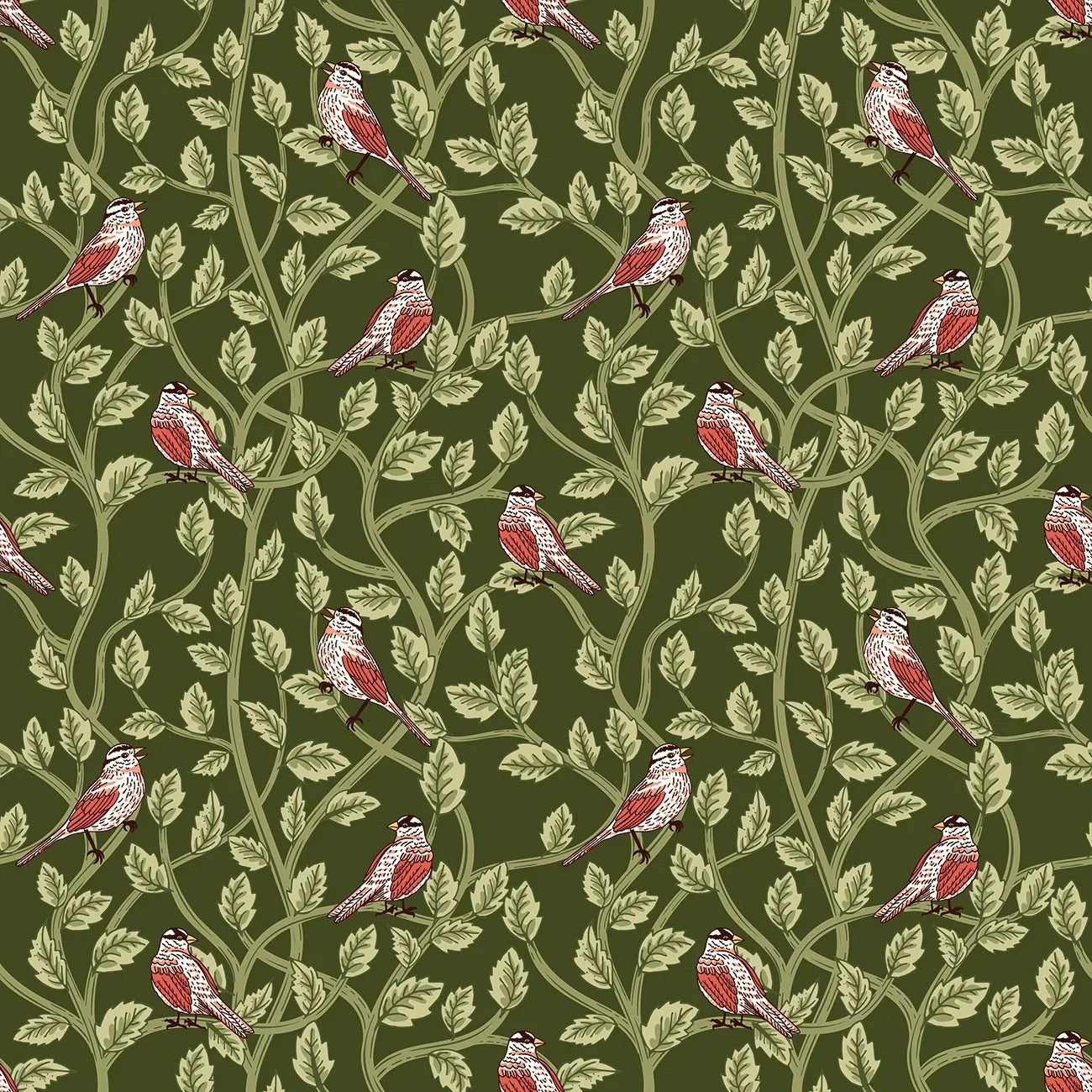 Green bird print fabric with red cardinals and leafy vine pattern