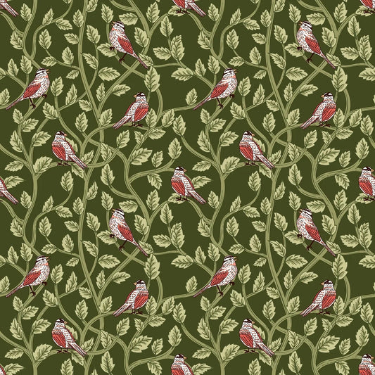 Green bird print fabric with red cardinals and leafy vine pattern