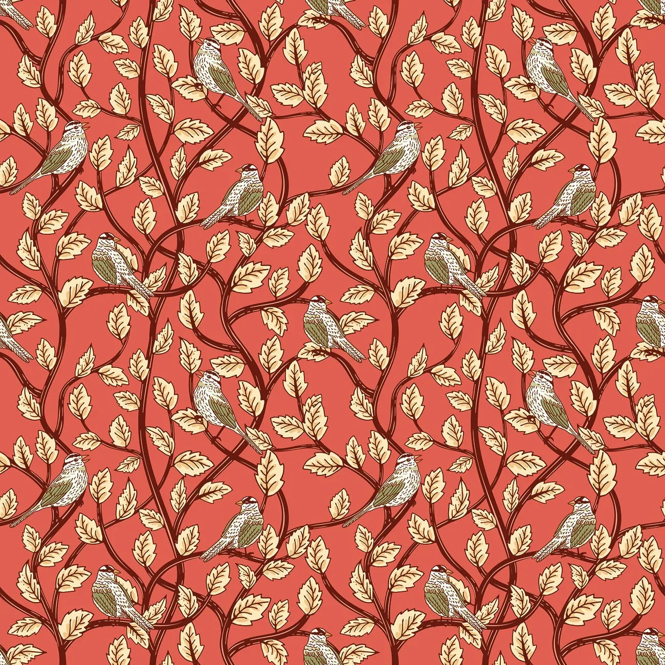 Bird and leaf print fabric with rust background, tan and cream leaves, small gray birds.
