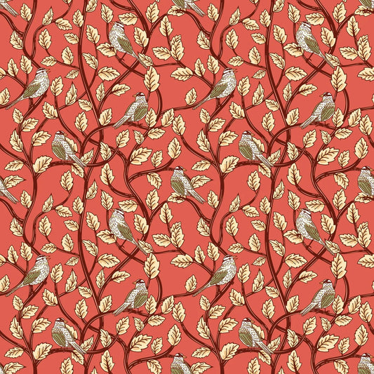 Bird and leaf print fabric with rust background, tan and cream leaves, small gray birds.