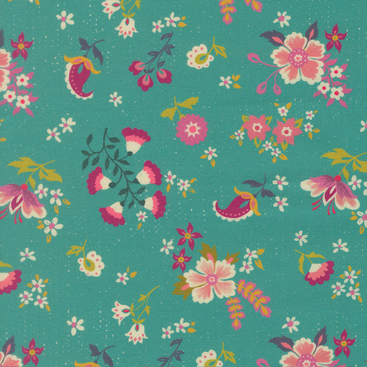 Teal floral fabric with multicolor flowers and leaves pattern, repeat print