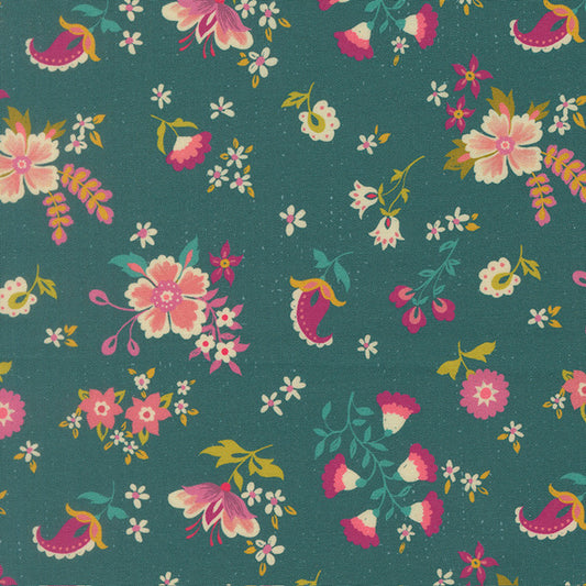 Dark teal floral fabric with small birds and pink, yellow, and white blooms